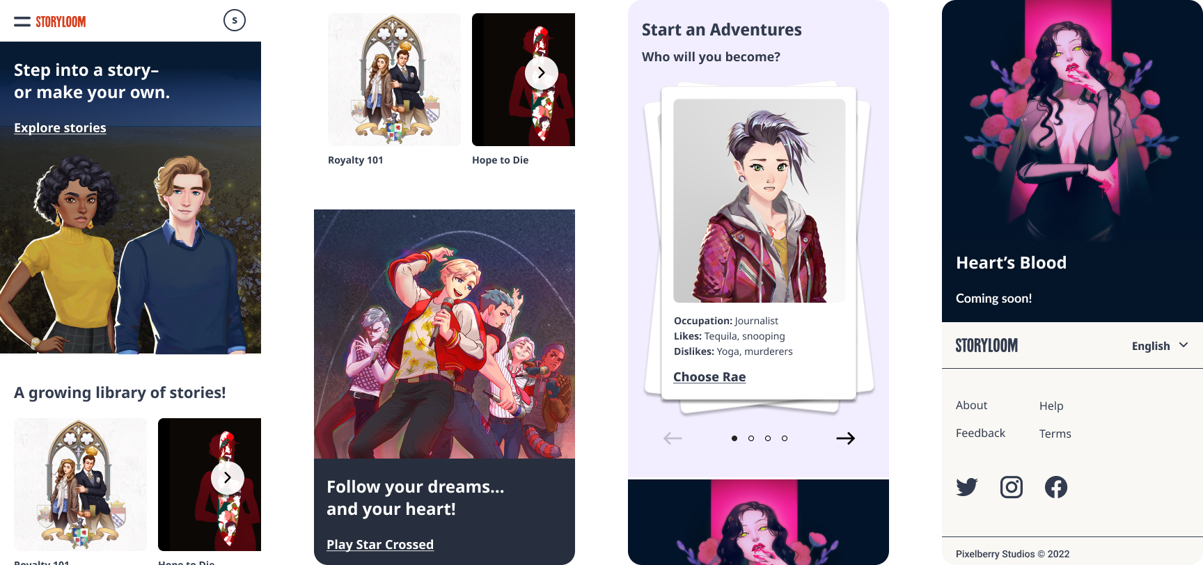Collage of anime-style character art and profile pages on a white background, featuring dark pink and black designs