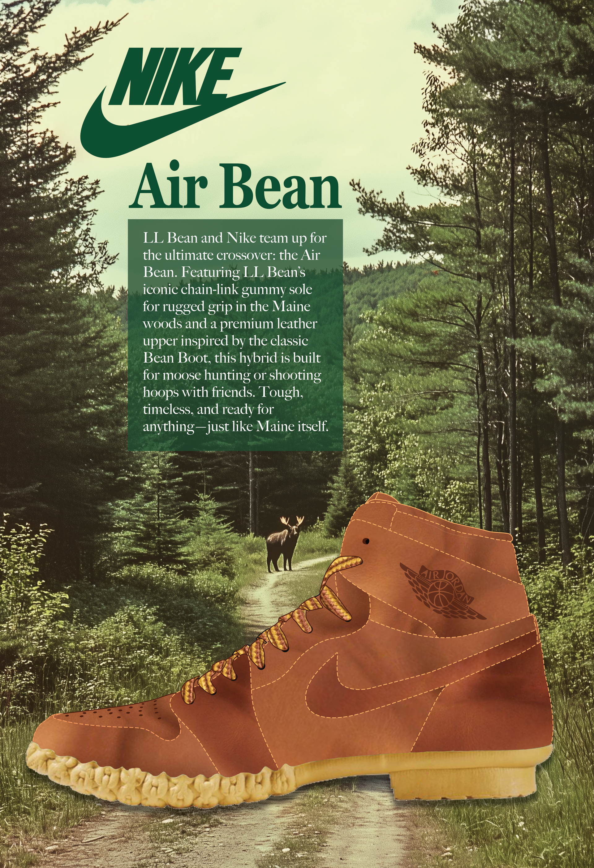 Nike Air Bean poster with a large brown boot in a forest