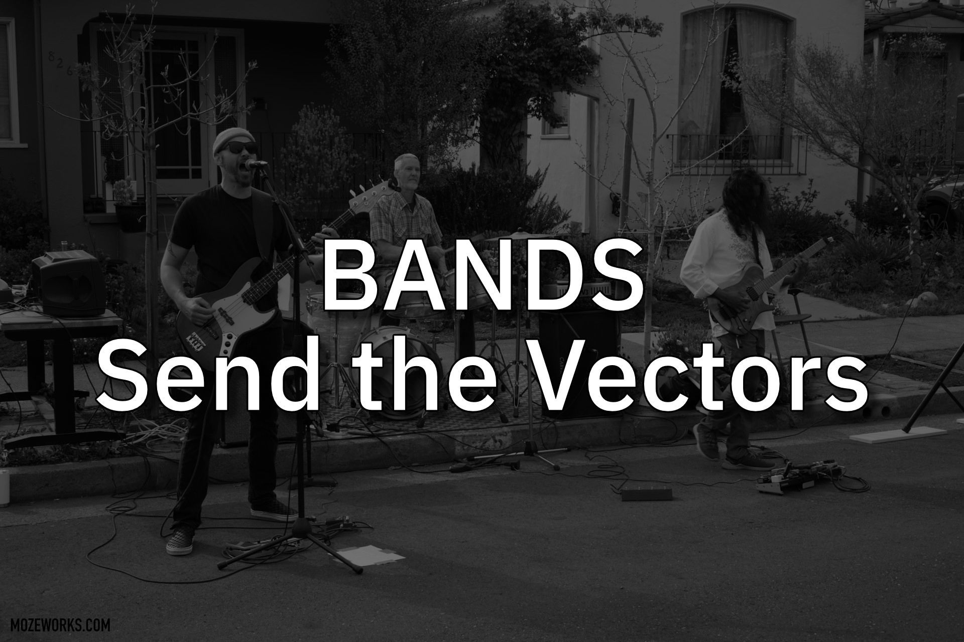 Bands performing outdoors with text “BANDS Send the Vectors” overlaid on the scene