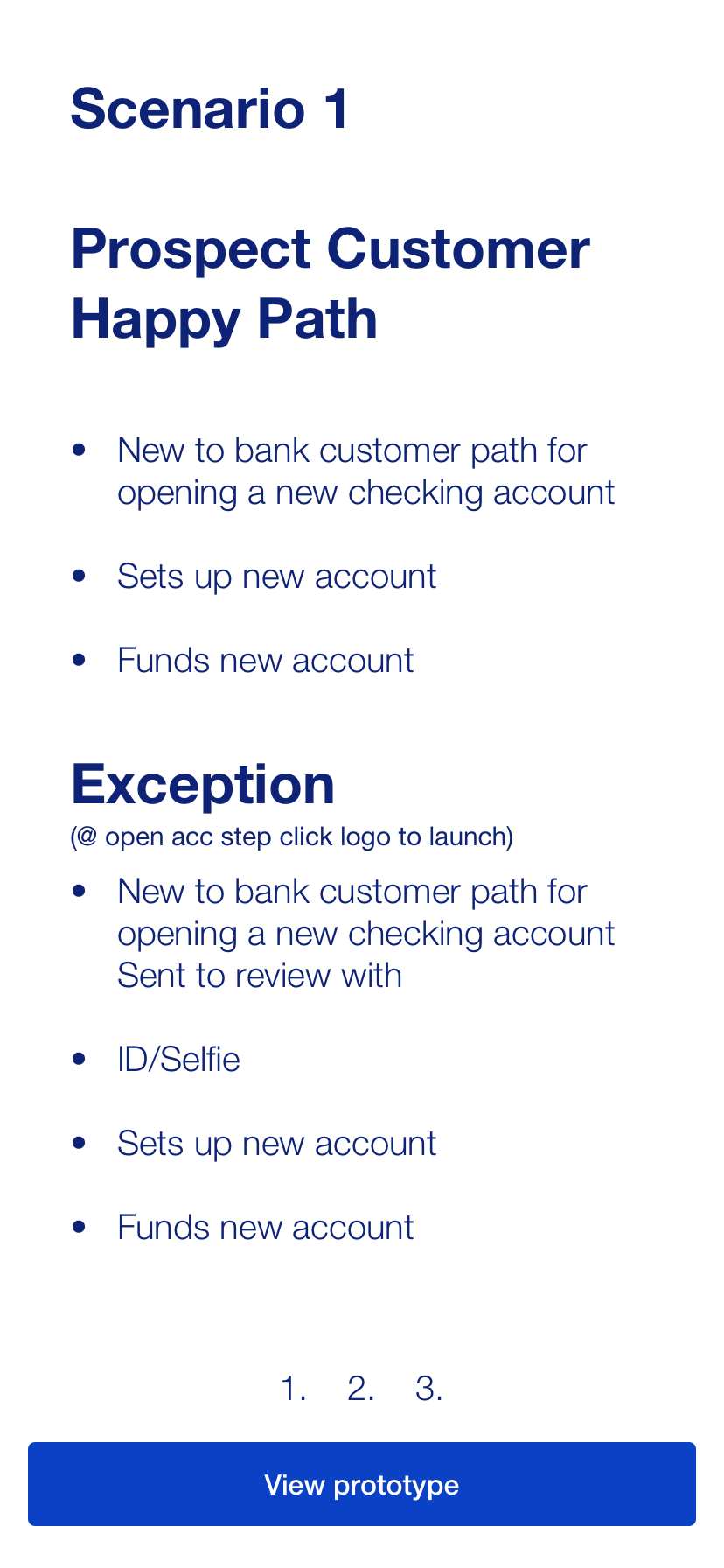 White mobile app screen titled “Scenario 1” with “Prospect Customer Happy Path” and “Exception” bullet lists and a blue button.