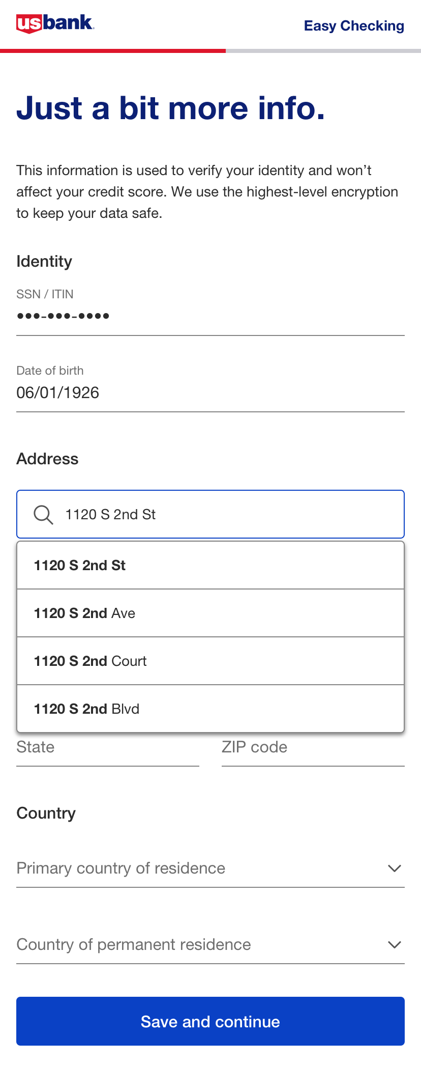 Checkout form asking for more info, with contact fields and a blue continue button