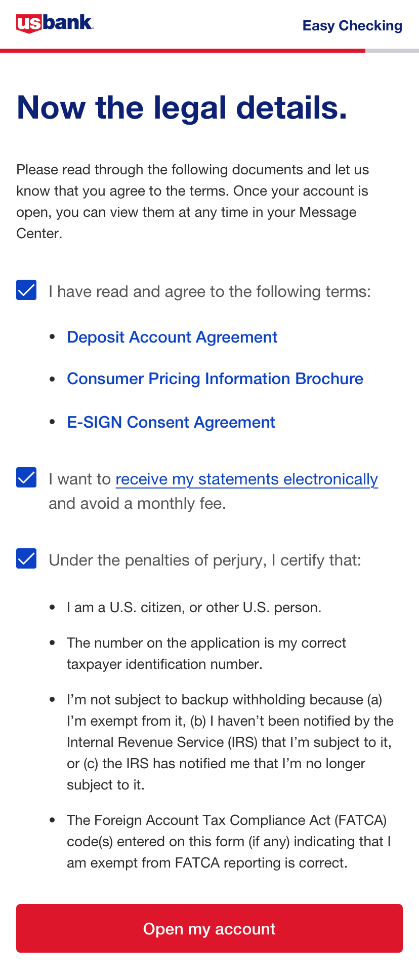 Bank page with “Now the legal details.” heading, checklist items, and a red Continue button