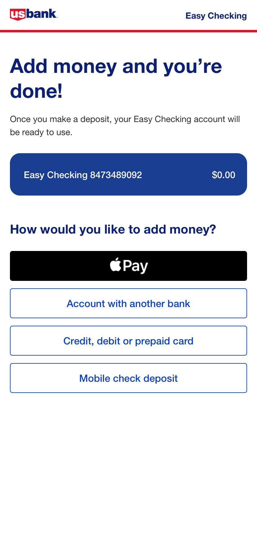 Bank mobile app screen for adding money, with a blue “Add money” button and payment options below