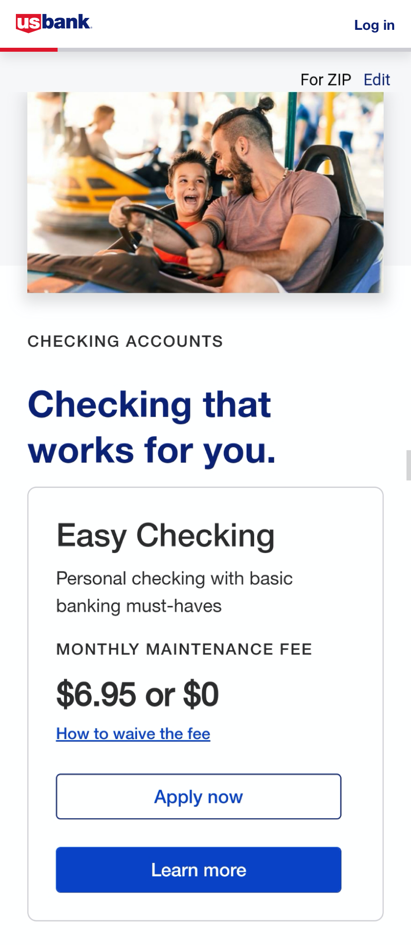 Banking website hero with smiling people and “Checking that works for you” Easy Checking offer with Apply Now button