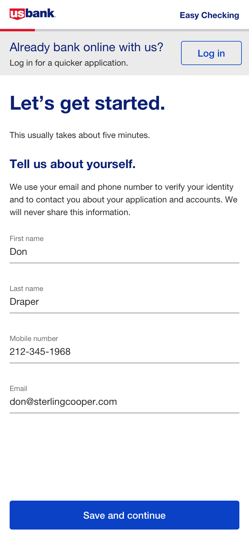 Bank app sign-up form on white screen with blue buttons and text fields for name, phone, and email
