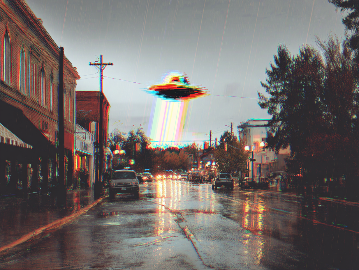 Rainy street with parked cars and storefronts, under a colorful UFO-shaped object in the sky.