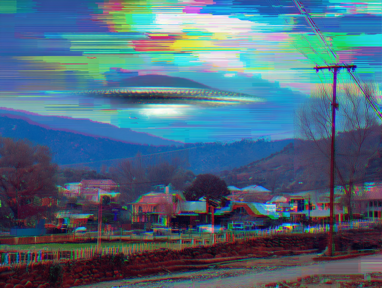 Glitched rural landscape with houses, hills, power lines, and a colorful distorted sky