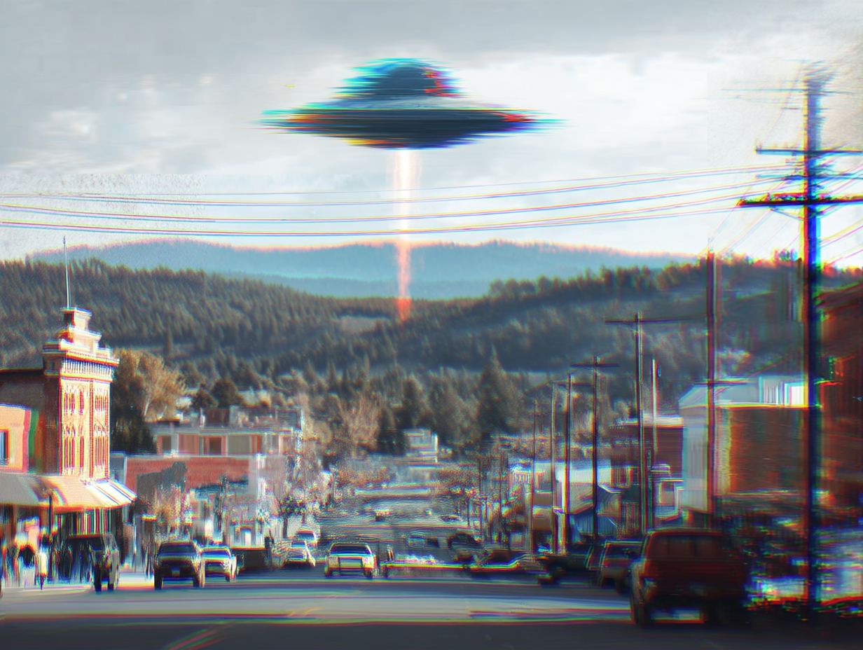Small town street with cars and buildings under a hovering UFO beaming light into the sky.