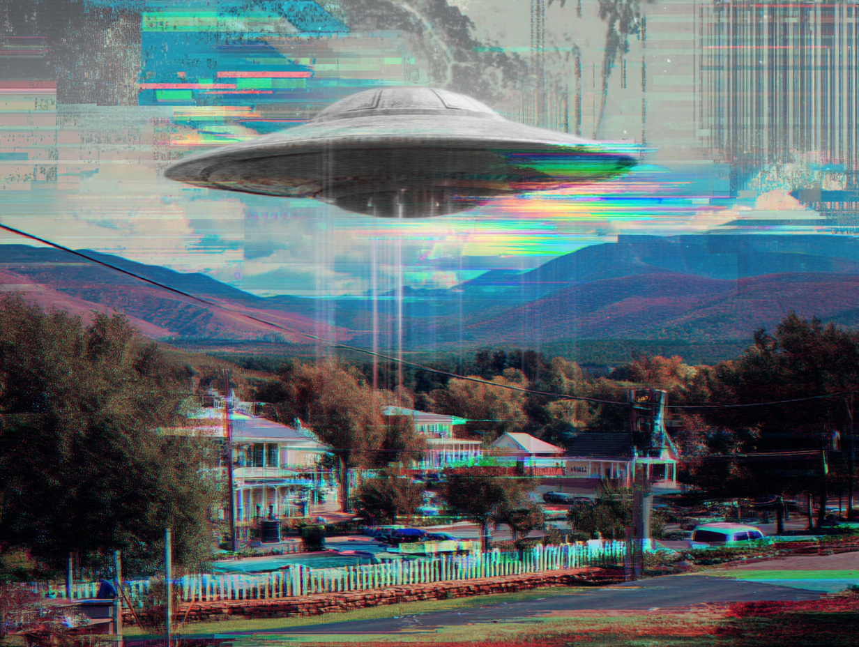 Glitchy image of a flying saucer hovering over a roadside town and mountains.