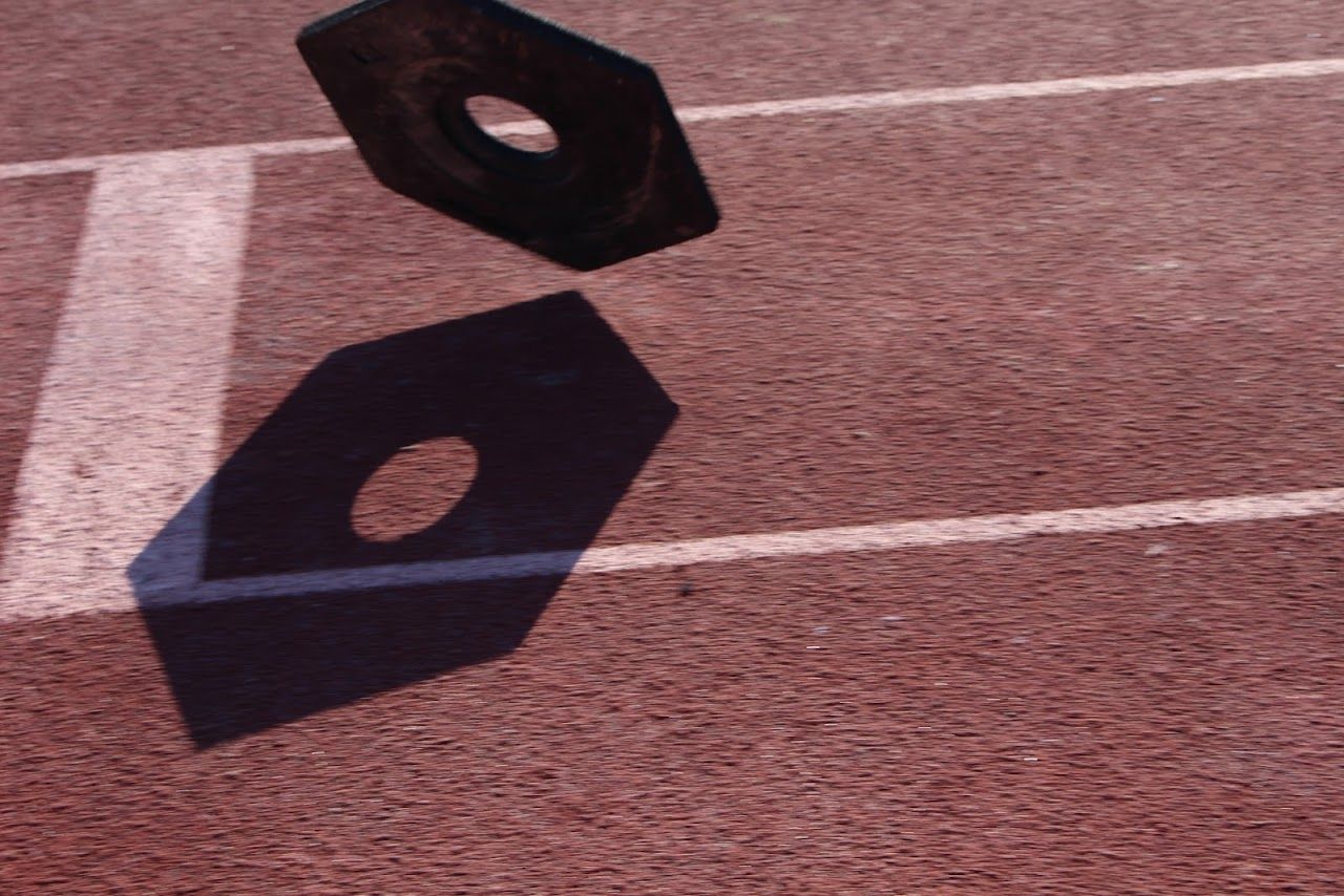 Two black hexagonal objects with holes rest on a reddish track surface, one casting a shadow