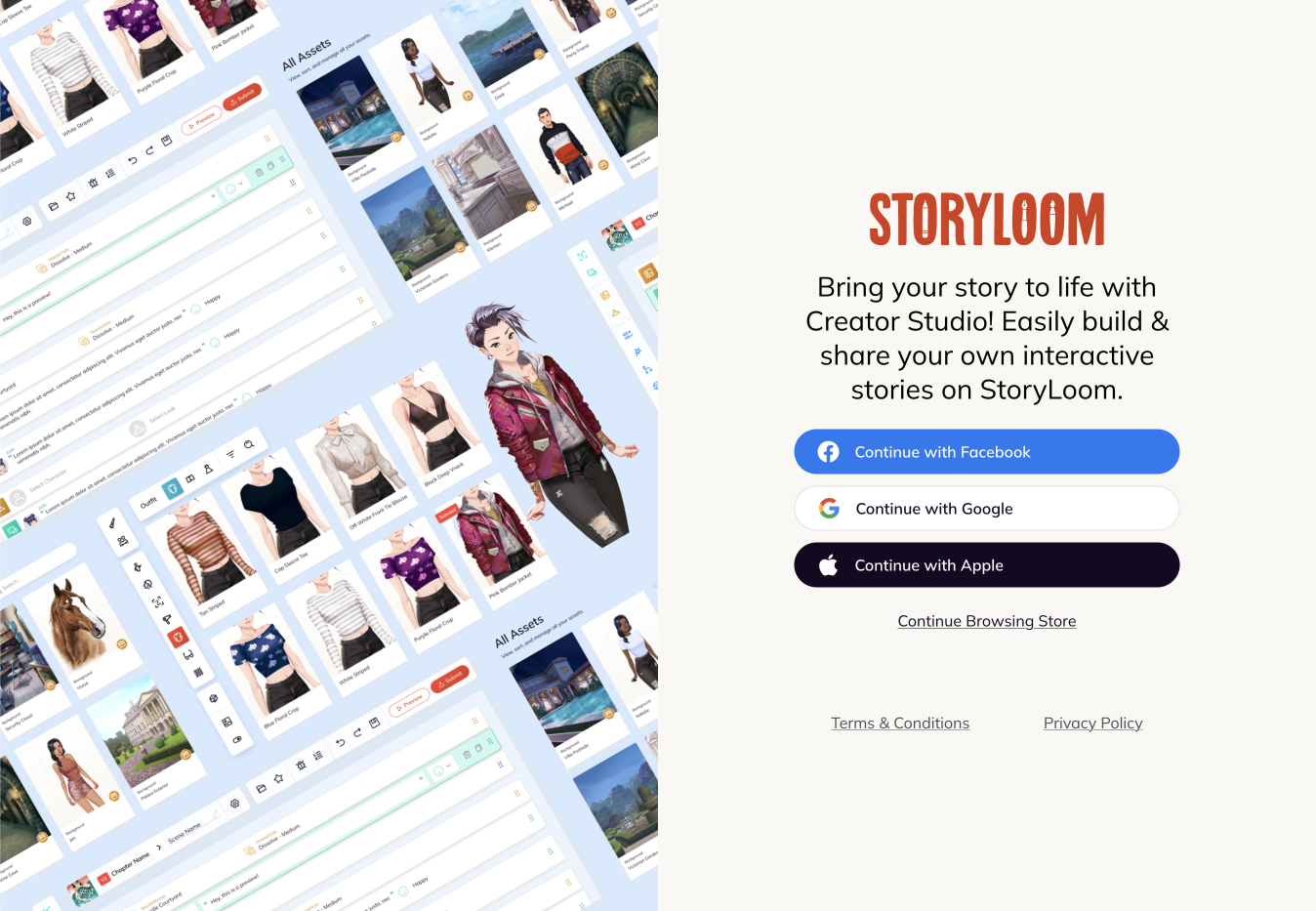 Storyloom app landing page with white background, orange title, and blue and black sign-up buttons