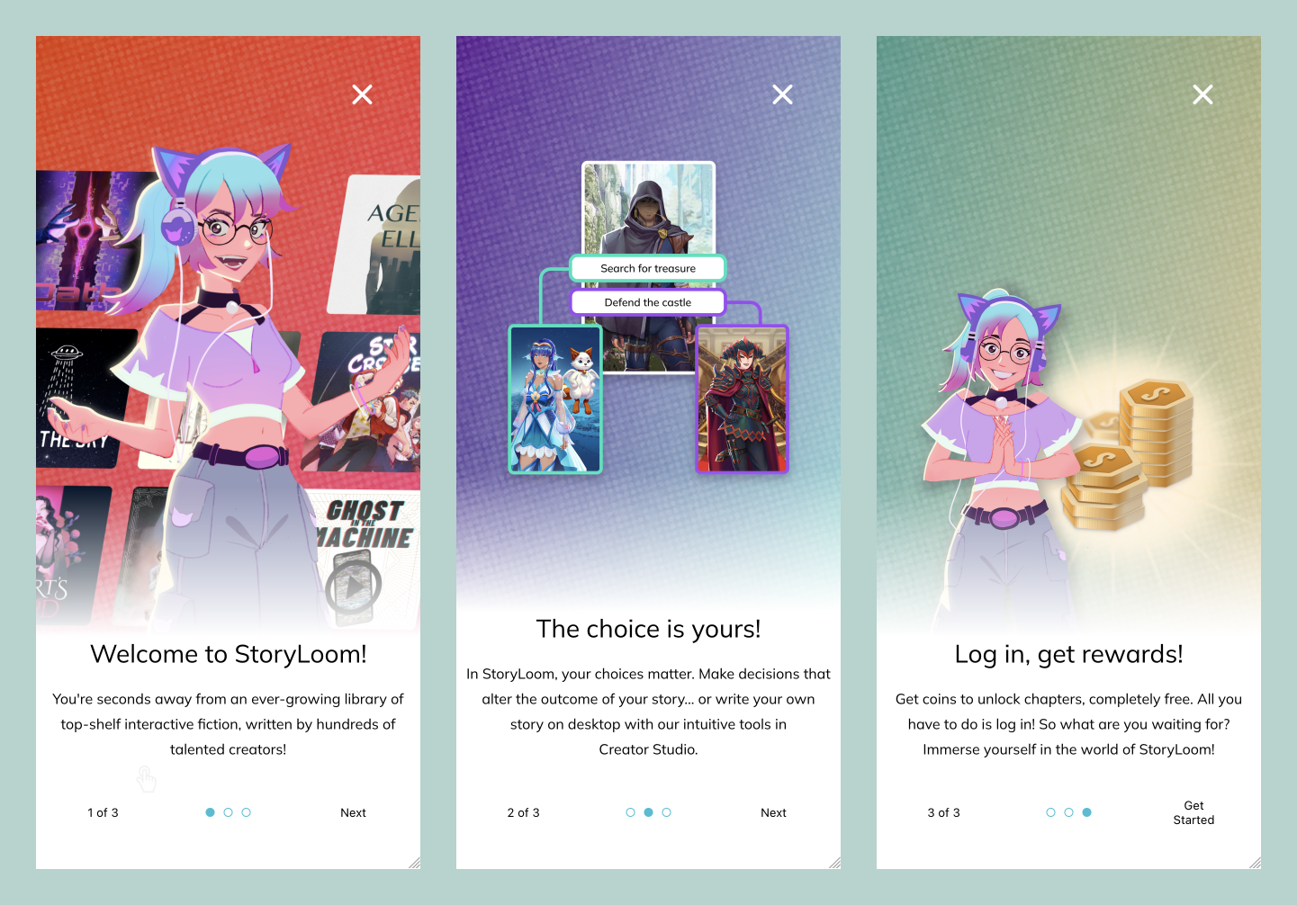 Three pastel app screens showing a purple-haired character and a coin stack on gradient backgrounds