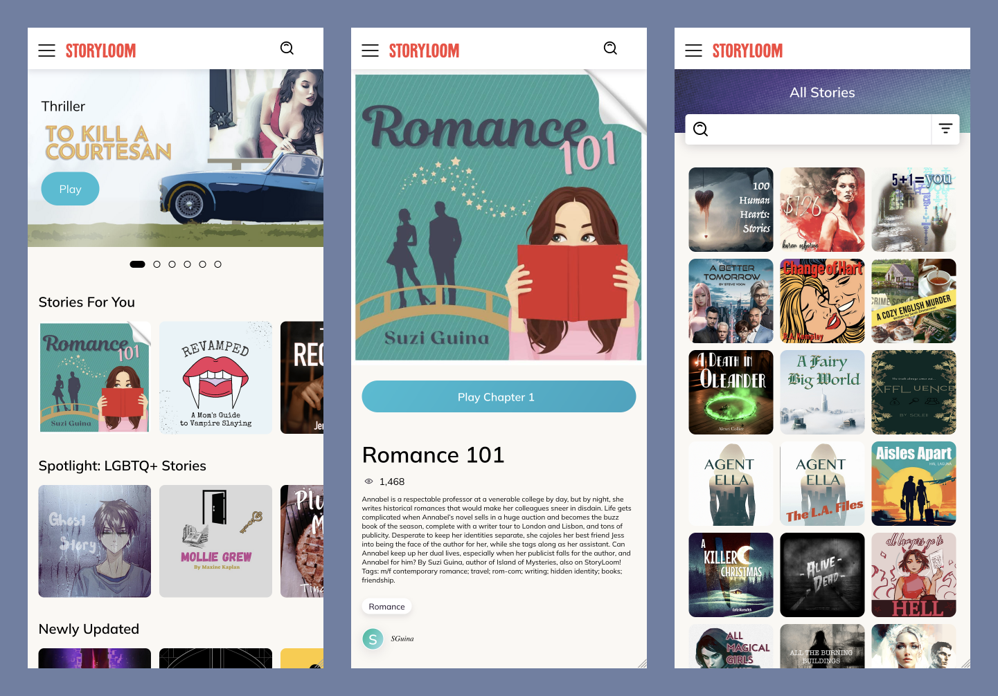Three mobile app screens showing book covers, a romance book detail page, and a tiled book library view.