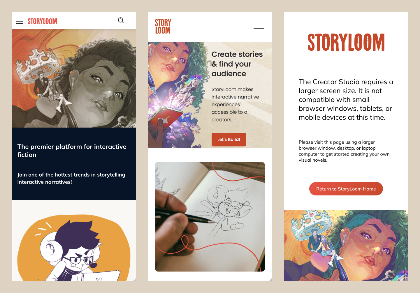 Three-panel Storyloom app mockup with colorful illustrations, text blocks, and orange call-to-action buttons