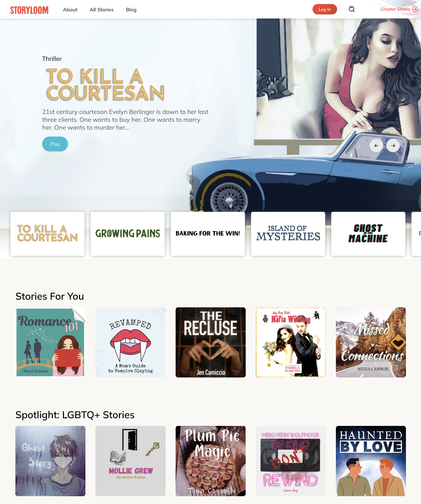 Bookstore homepage with a “To Kill a Courtesan” banner, genre tiles, and rows of book cover thumbnails