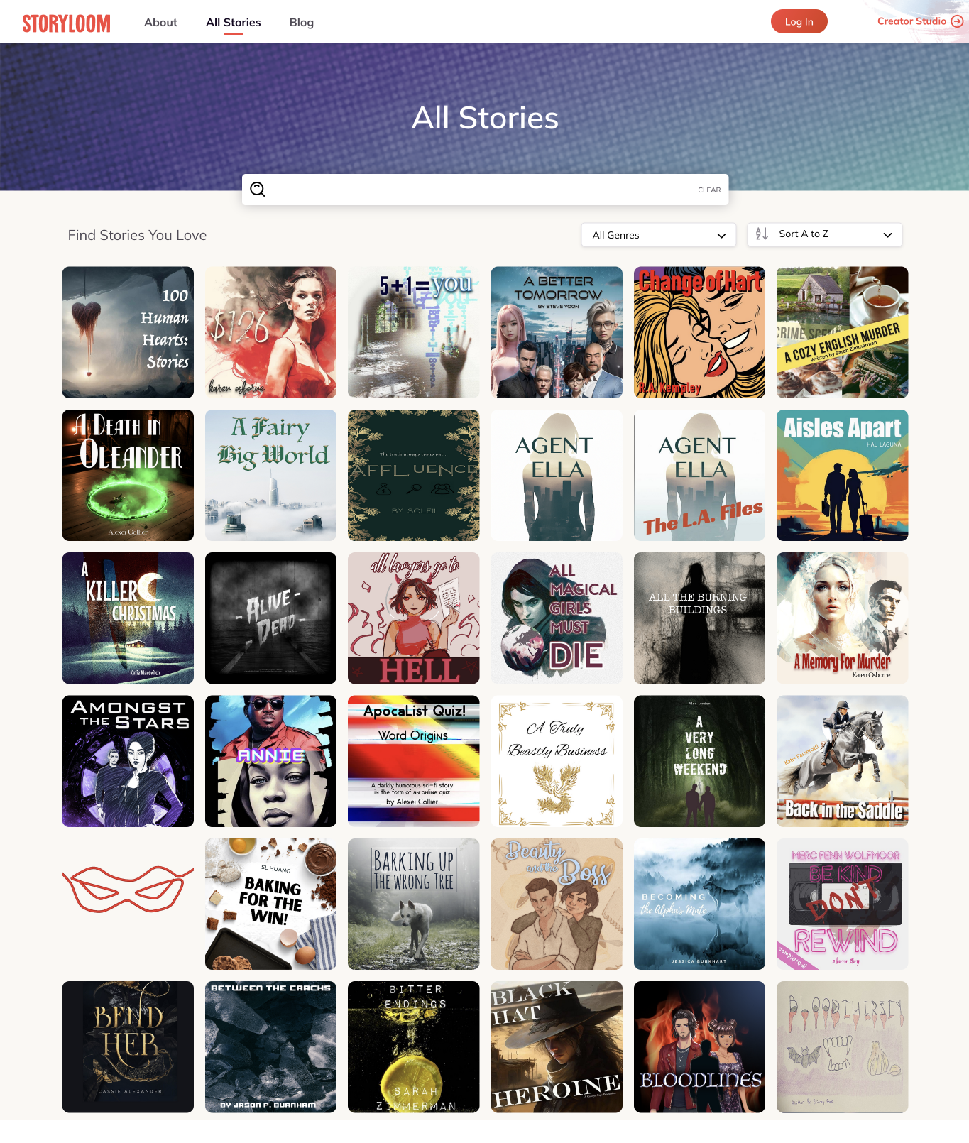 AI store webpage showing a grid of colorful album cover thumbnails with a search bar at the top