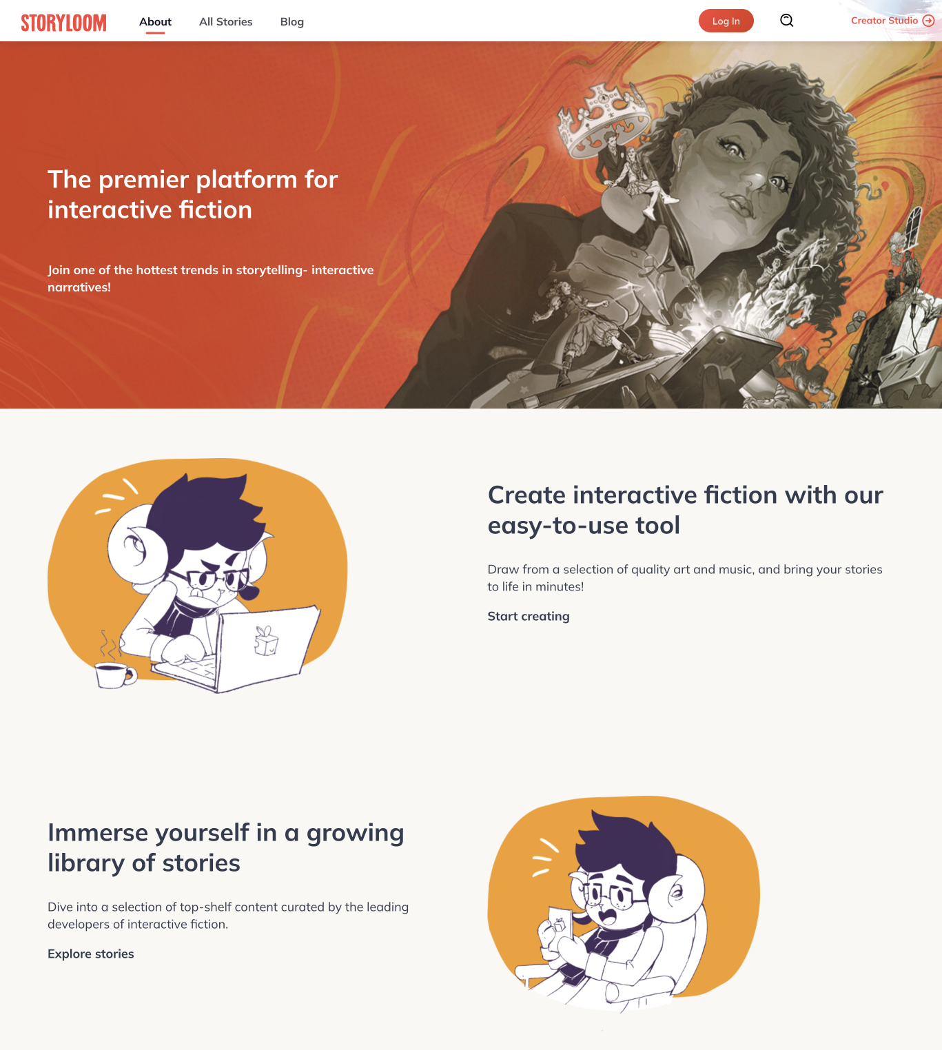 Tepunova homepage with orange hero banner and stylized black-and-white illustration of a person holding a glowing orb