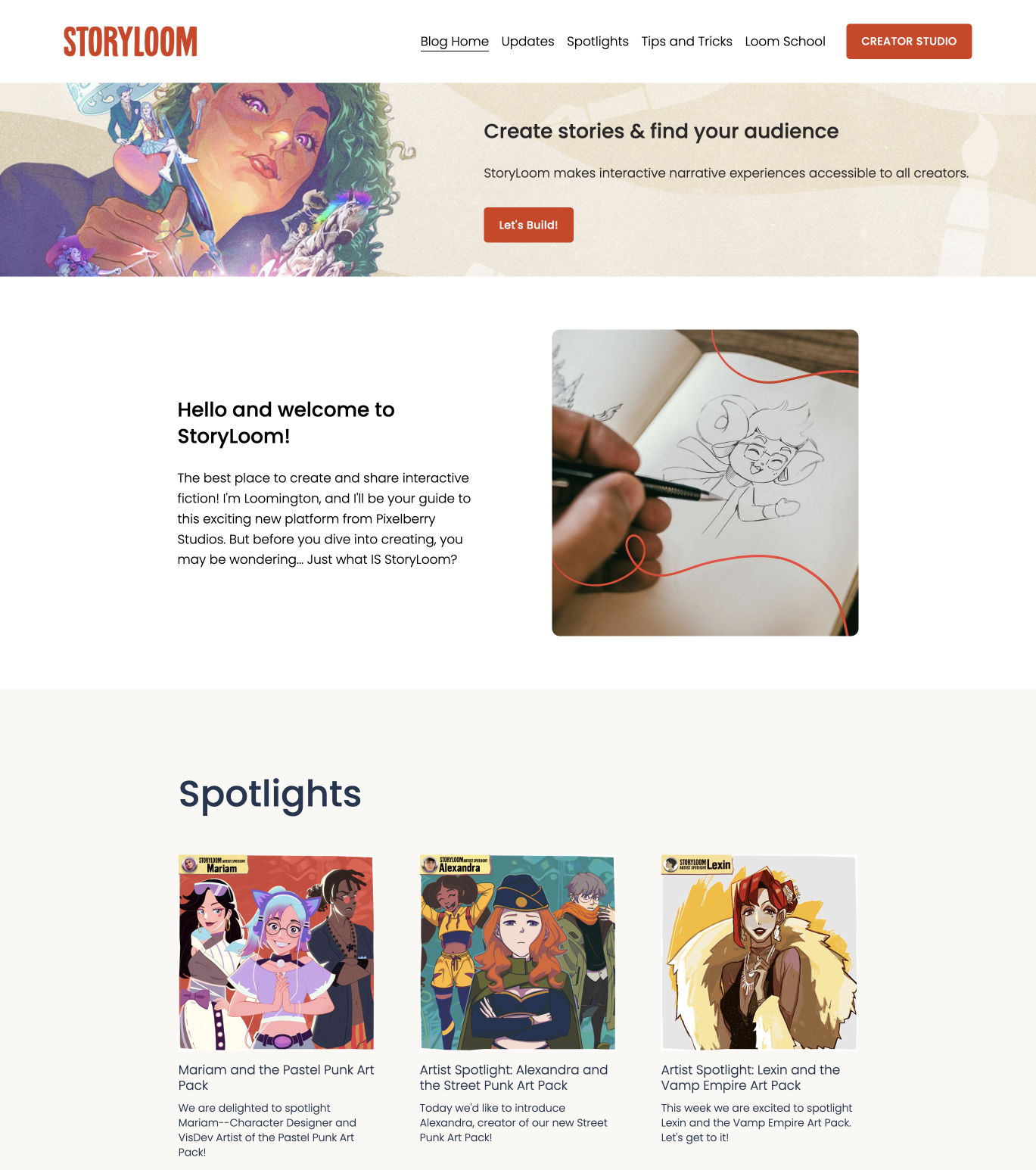 Website homepage with anime artwork, hero banner, and spotlight thumbnails on a clean white layout
