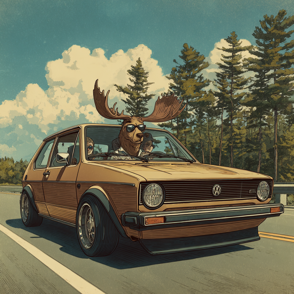 Brown vintage car driving on a road, with a moose in sunglasses behind the wheel under a cloudy sky
