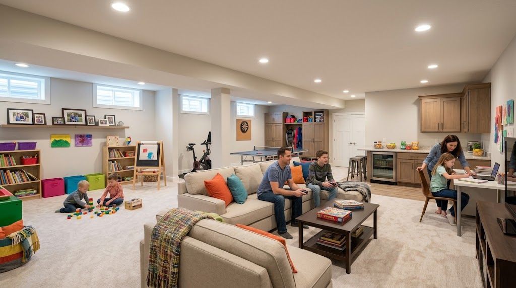 Bright finished basement family room with people relaxing, playing, and working at a table