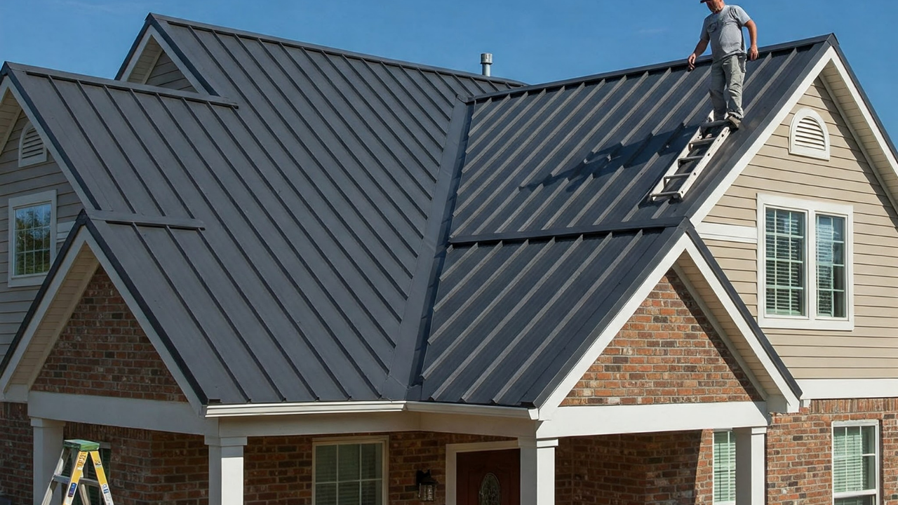 Worker on a steep gray roof installing solar panels on a brick house