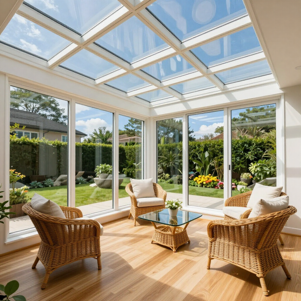 Bright sunroom with wicker chairs, glass coffee table, and garden views under a skylit ceiling