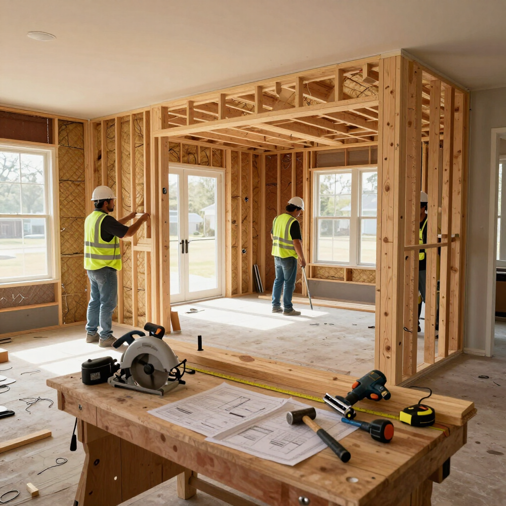 Construction workers framing a bright room with exposed wood studs and tools on a workbench