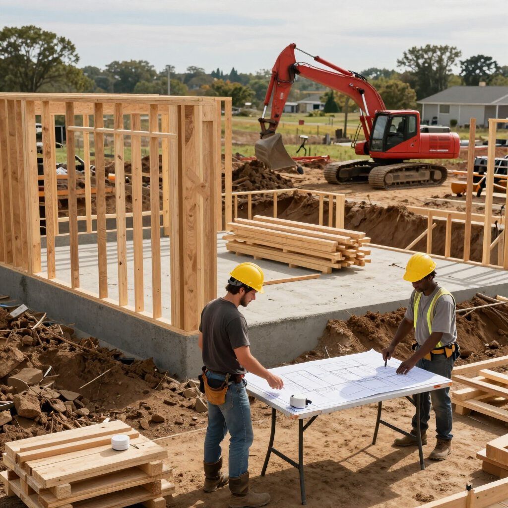 Construction site with two workers reviewing blueprints near a foundation and excavator framing a house
