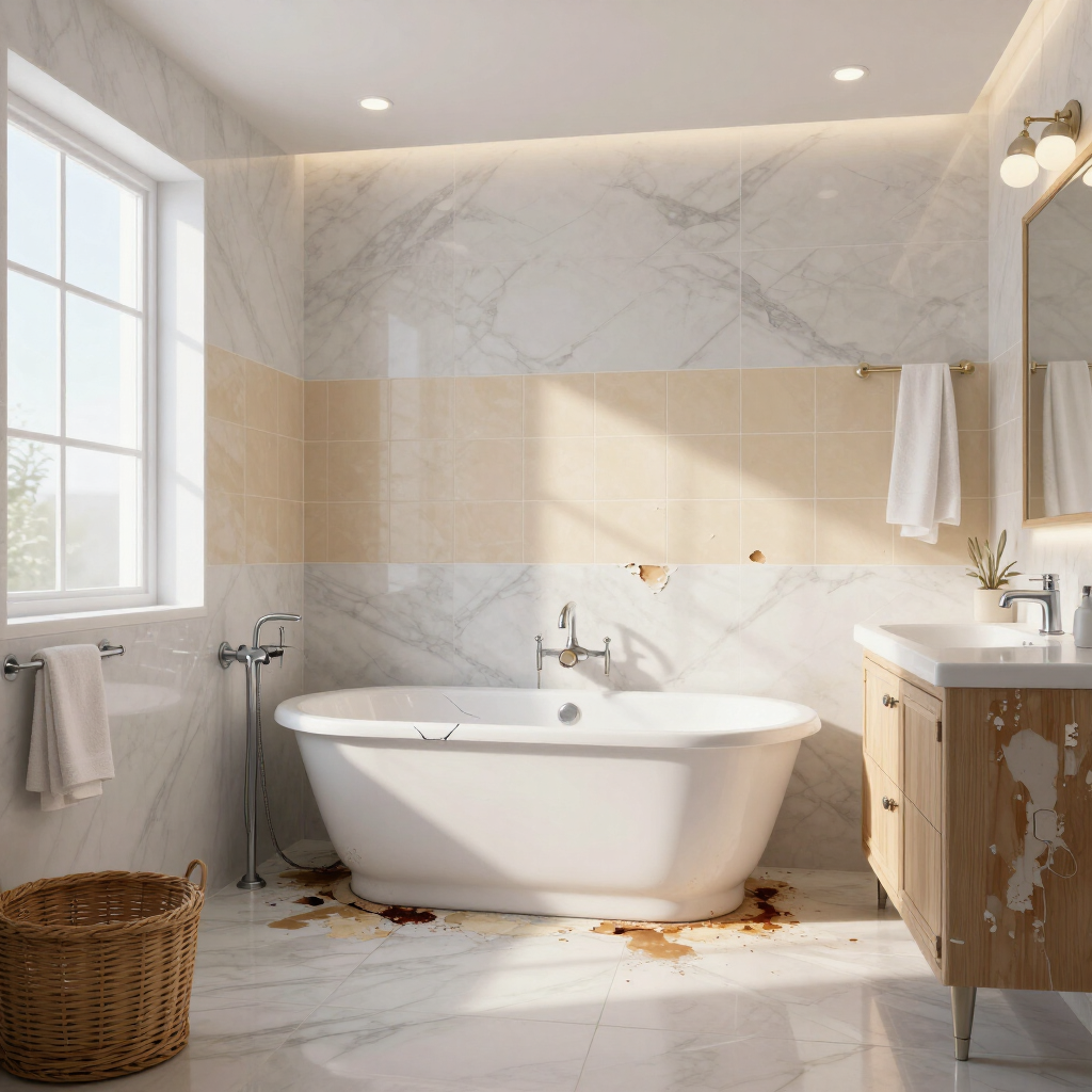 Bright bathroom with freestanding tub, marble tiles, wicker basket, and sunlight from a window