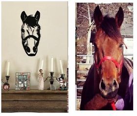 Wall art of a horse head above a mantel, next to a close-up photo of a real horse in a red halter.