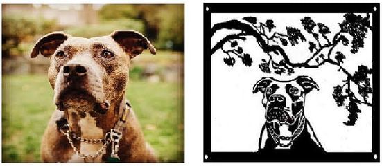 Brown dog portrait beside a black-and-white stylized dog illustration with tree branches overhead