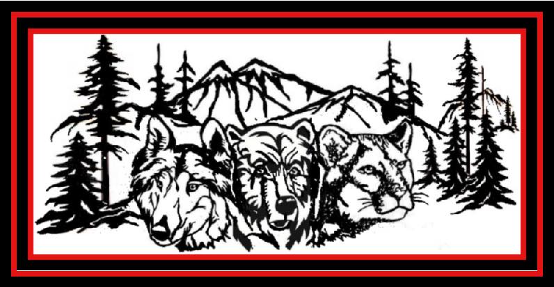 Black-and-white wolf design with pine trees and mountains, framed by red and black borders