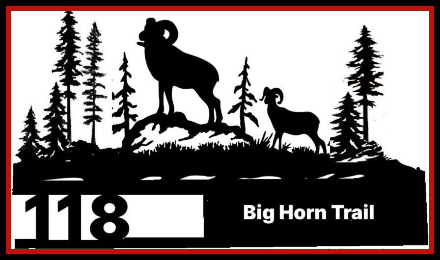 Big Horn Trail sign with bighorn sheep silhouettes, pine trees, and route 118 on a red-and-black background