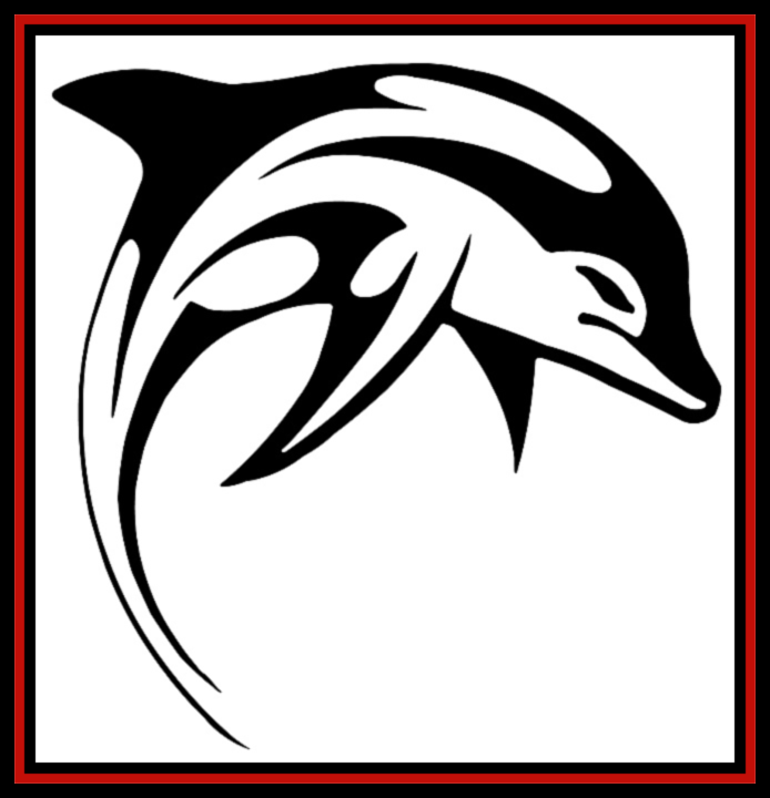 Black-and-white stylized dolphin logo inside a thin red-bordered square on a white background