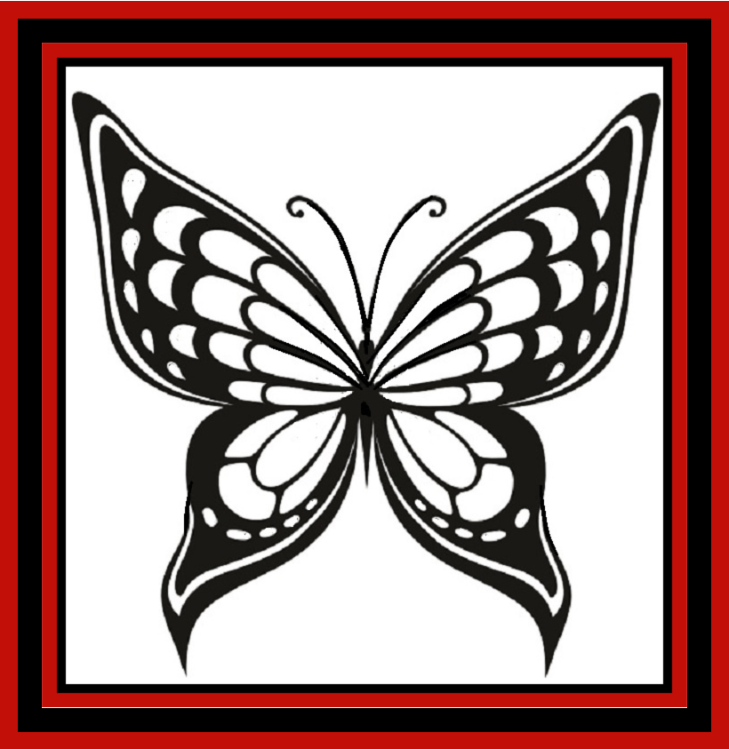 Black and white butterfly illustration framed by a red-and-black border