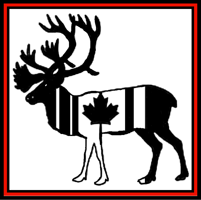 Black moose silhouette with antlers, striped with the Canadian flag and a red border