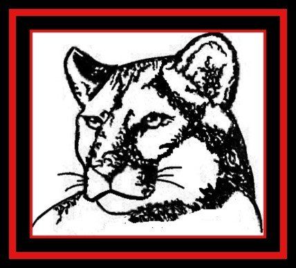 Black-and-white sketch of a cougar face inside a red-and-black square border