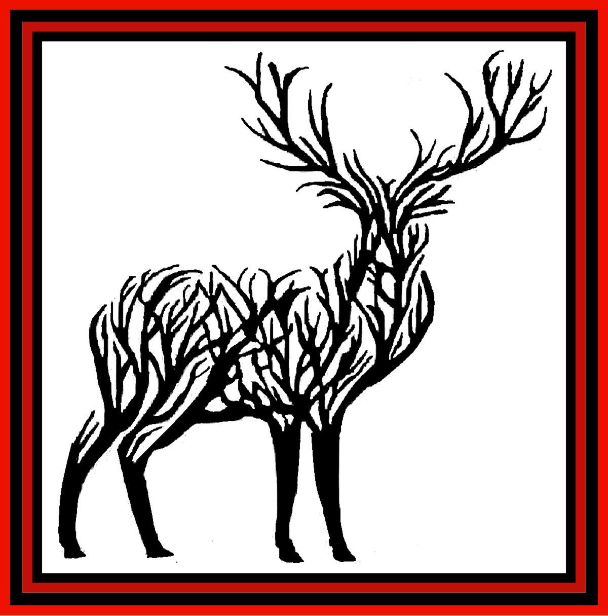 Abstract black deer silhouette with antler-like branches, framed by a red-and-black border on white background