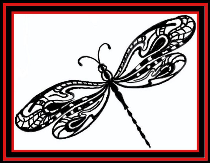Black-and-white dragonfly illustration with decorative wings inside a red-bordered frame