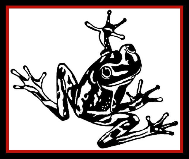 Black-and-white frog illustration on a white background, framed by a red border.