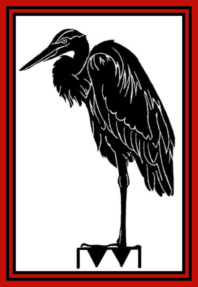 Black heron silhouette on a white background with a red border