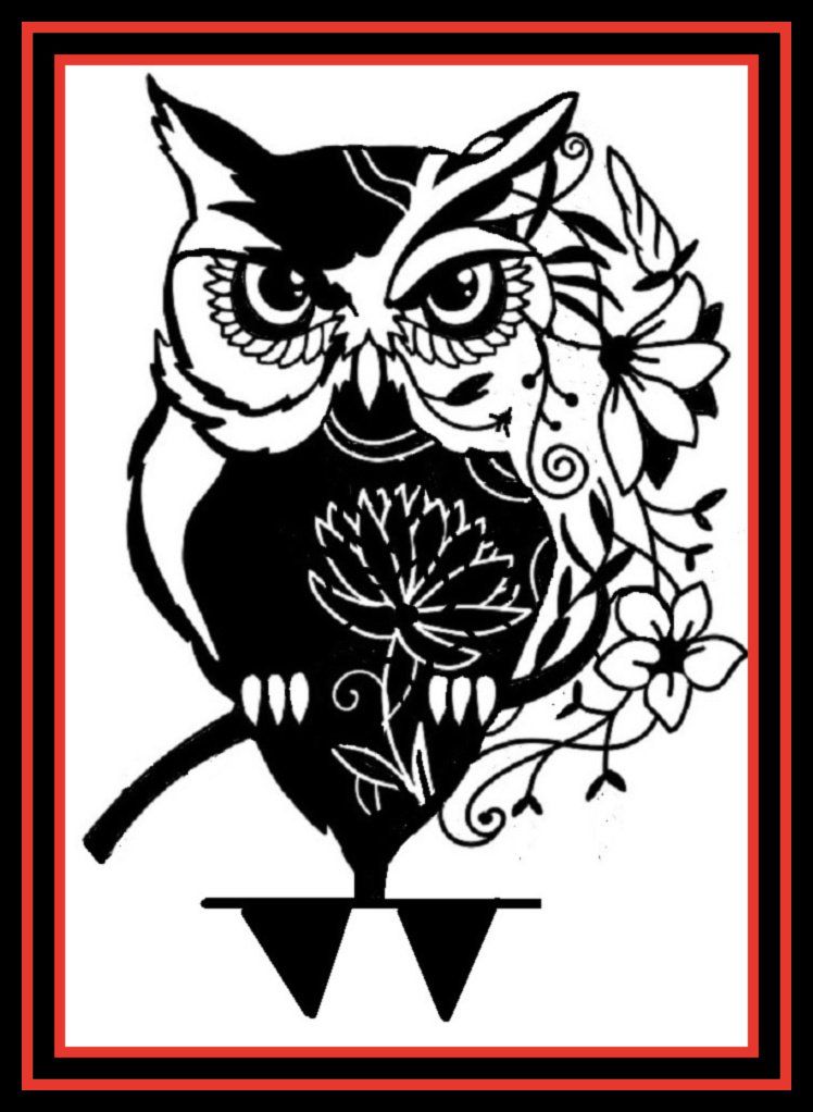 Black-and-white owl illustration with flowers, framed by a red border