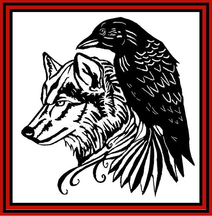 Black-and-white wolf profile with a raven perched on its back, framed by a red border.