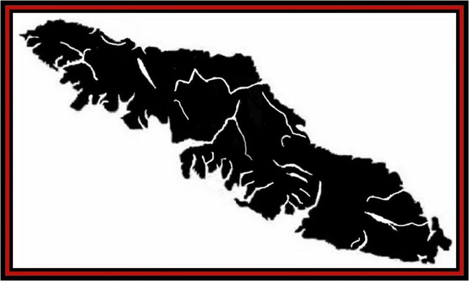 Black silhouette of a narrow island map with white boundary lines on a red-bordered white background