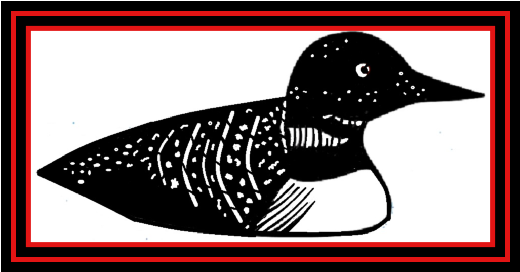 Black-and-white loon silhouette inside a red-bordered rectangle