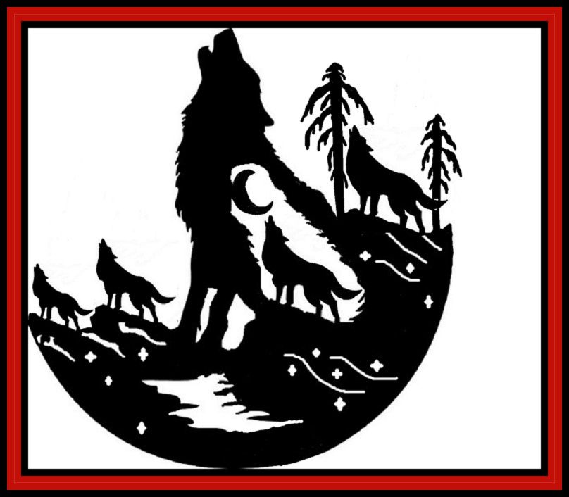 Black silhouette of a wolf pack in a forest with a river, framed by a red border