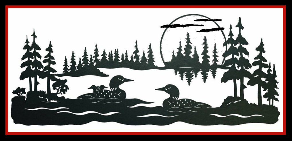 Black silhouette of ducks on a lake with pine trees and a moonlit forest reflection