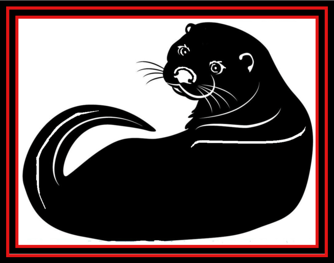 Black seal illustration with white facial details, curled on a white background with a red border