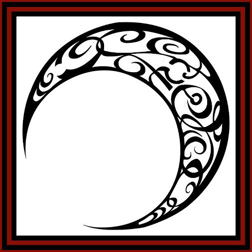 Black ornamental crescent moon with swirling filigree on a white background, framed by a red and black border