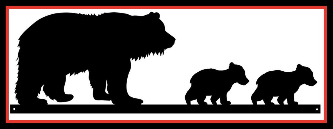 Black silhouette of a bear and two cubs walking in a row on a white background with a red border